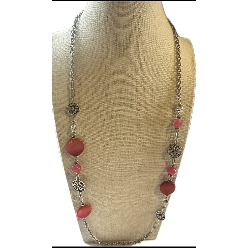 Ruby Rd Silver Tone Long Station Necklace Pink Acrylic Beads Filigree